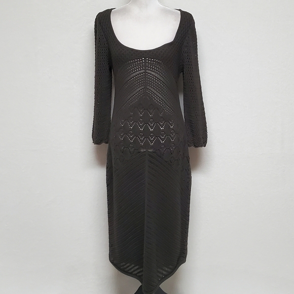 W by Worth Olive Green Open Crochet Knit Plunging Neckline Asymmetric Midi Dress - Picture 4 of 14